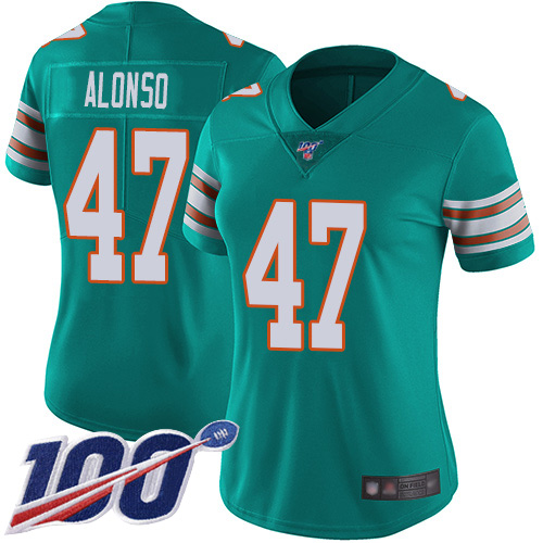 Dolphins #47 Kiko Alonso Aqua Green Alternate Women's Stitched Football 100th Season Vapor Limited Jersey