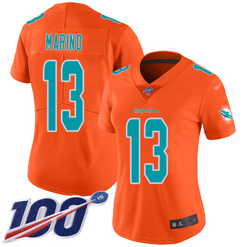 Dolphins #13 Dan Marino Orange Women's Stitched Football Limited Inverted Legend 100th Season Jersey