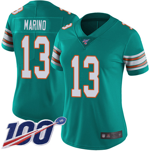 Dolphins #13 Dan Marino Aqua Green Alternate Women's Stitched Football 100th Season Vapor Limited Jersey