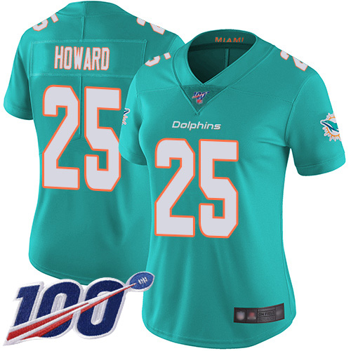 Dolphins #25 Xavien Howard Aqua Green Team Color Women's Stitched Football 100th Season Vapor Limited Jersey