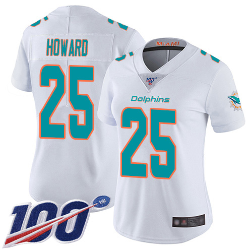 Dolphins #25 Xavien Howard White Women's Stitched Football 100th Season Vapor Limited Jersey