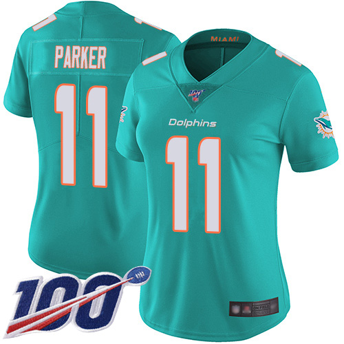 Dolphins #11 DeVante Parker Aqua Green Team Color Women's Stitched Football 100th Season Vapor Limited Jersey