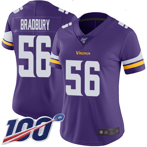 Vikings #56 Garrett Bradbury Purple Team Color Women's Stitched Football 100th Season Vapor Limited Jersey