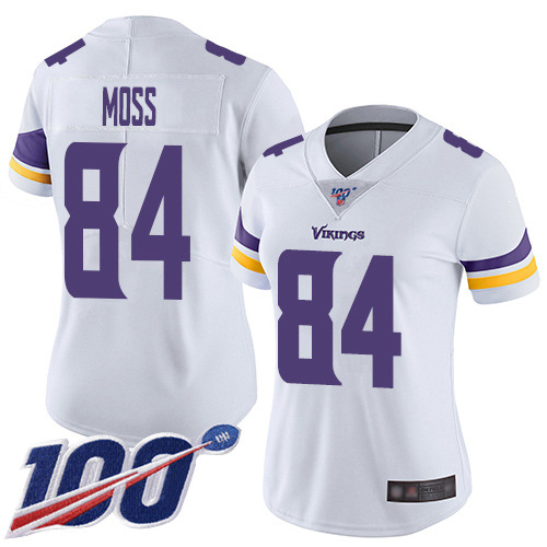 Vikings #84 Randy Moss White Women's Stitched Football 100th Season Vapor Limited Jersey
