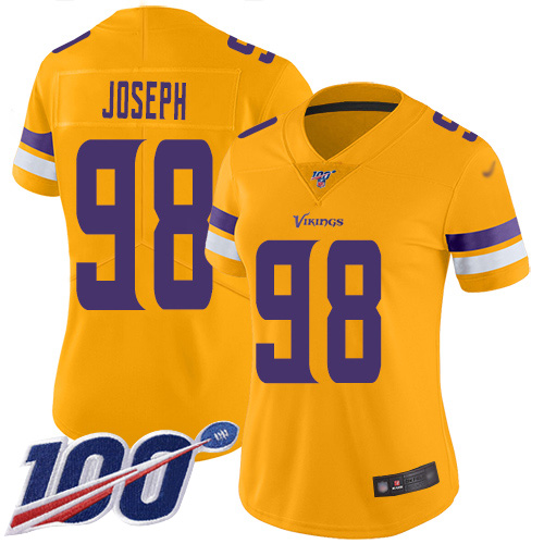 Vikings #98 Linval Joseph Gold Women's Stitched Football Limited Inverted Legend 100th Season Jersey