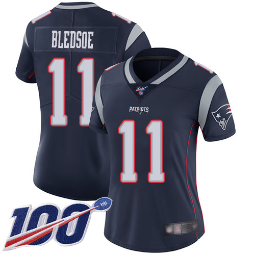 Patriots #11 Drew Bledsoe Navy Blue Team Color Women's Stitched Football 100th Season Vapor Limited Jersey