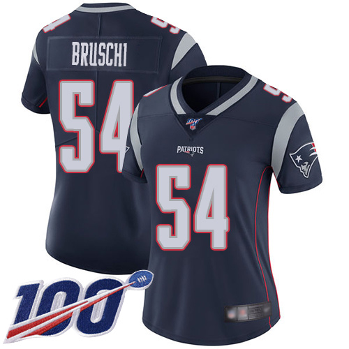 Patriots #54 Tedy Bruschi Navy Blue Team Color Women's Stitched Football 100th Season Vapor Limited Jersey