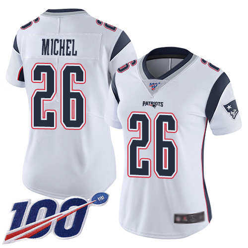 Patriots #26 Sony Michel White Women's Stitched Football 100th Season Vapor Limited Jersey