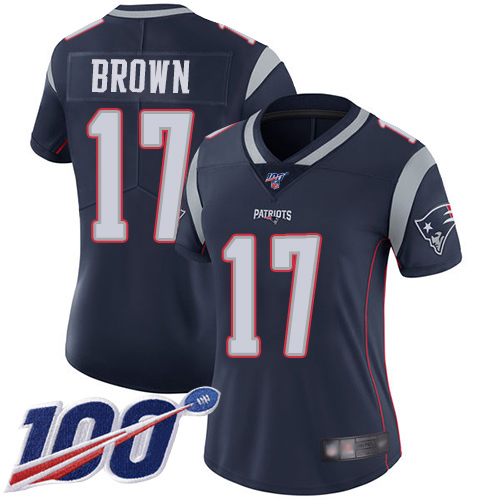 Patriots #17 Antonio Brown Navy Blue Team Color Women's Stitched Football 100th Season Vapor Limited Jersey