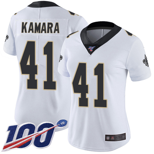 Saints #41 Alvin Kamara White Women's Stitched Football 100th Season Vapor Limited Jersey