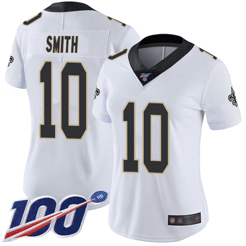 Saints #10 Tre'Quan Smith White Women's Stitched Football 100th Season Vapor Limited Jersey