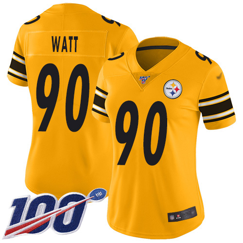 Steelers #90 T. J. Watt Gold Women's Stitched Football Limited Inverted Legend 100th Season Jersey