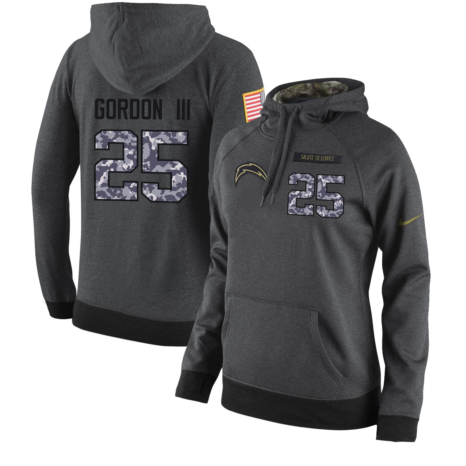 Football Women's Los Angeles Chargers #25 Melvin Gordon III Stitched Black Anthracite Salute to Service Player Performance Hoodie