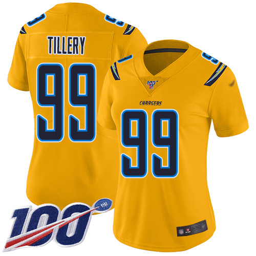 Chargers #99 Jerry Tillery Gold Women's Stitched Football Limited Inverted Legend 100th Season Jersey