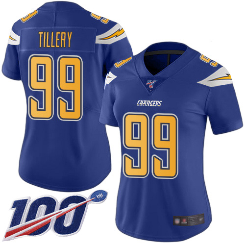 Chargers #99 Jerry Tillery Electric Blue Women's Stitched Football Limited Rush 100th Season Jersey