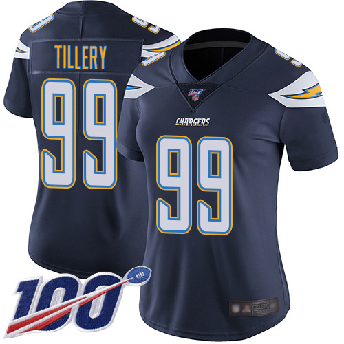 Chargers #99 Jerry Tillery Navy Blue Team Color Women's Stitched Football 100th Season Vapor Limited Jersey