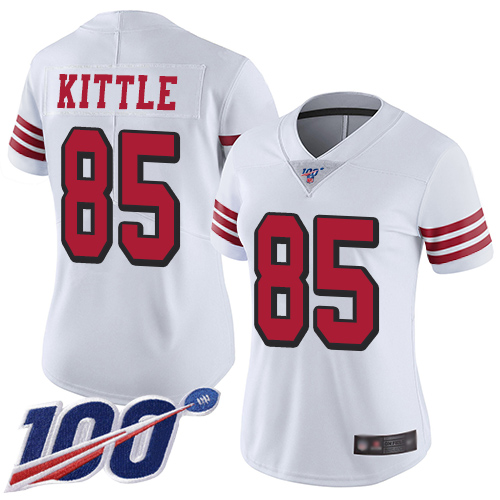 49ers #85 George Kittle White Rush Women's Stitched Football Limited 100th Season Jersey
