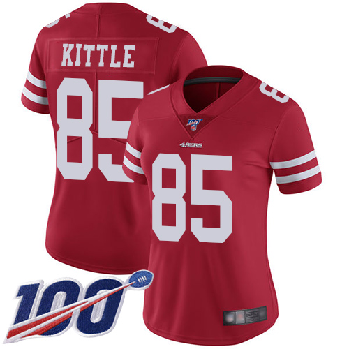 49ers #85 George Kittle Red Team Color Women's Stitched Football 100th Season Vapor Limited Jersey