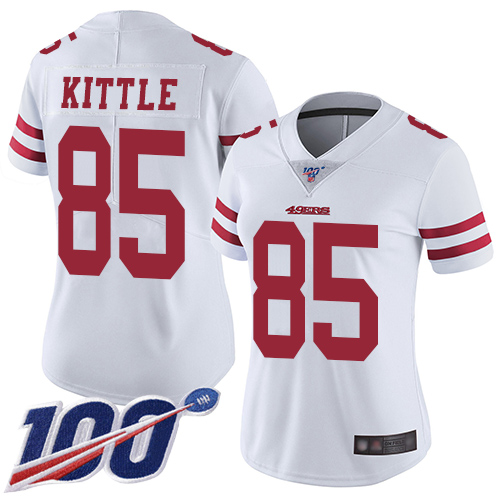 49ers #85 George Kittle White Women's Stitched Football 100th Season Vapor Limited Jersey