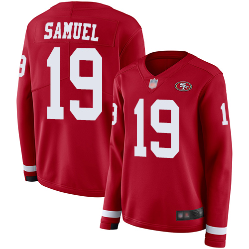 49ers #19 Deebo Samuel Red Team Color Women's Stitched Football Limited Therma Long Sleeve Jersey
