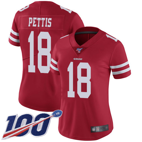 49ers #18 Dante Pettis Red Team Color Women's Stitched Football 100th Season Vapor Limited Jersey