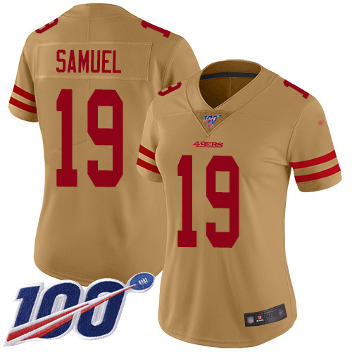 49ers #19 Deebo Samuel Gold Women's Stitched Football Limited Inverted Legend 100th Season Jersey