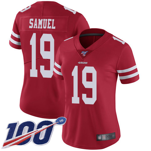 49ers #19 Deebo Samuel Red Team Color Women's Stitched Football 100th Season Vapor Limited Jersey