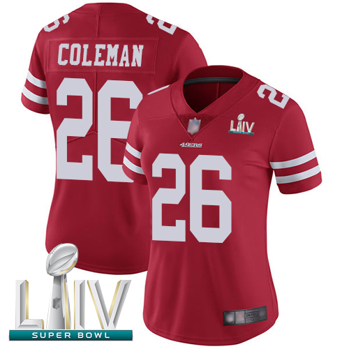 49ers #26 Tevin Coleman Red Team Color Super Bowl LIV Bound Women's Stitched Football Vapor Untouchable Limited Jersey
