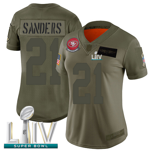 49ers #21 Deion Sanders Camo Super Bowl LIV Bound Women's Stitched Football Limited 2019 Salute to Service Jersey