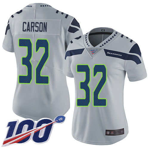 Seahawks #32 Chris Carson Grey Alternate Women's Stitched Football 100th Season Vapor Limited Jersey