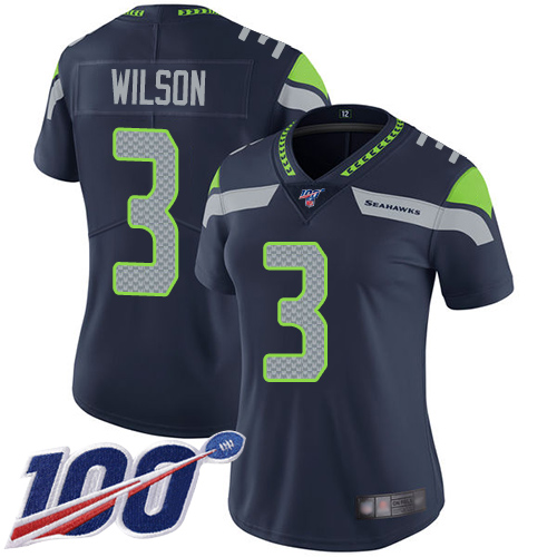 Seahawks #3 Russell Wilson Steel Blue Team Color Women's Stitched Football 100th Season Vapor Limited Jersey