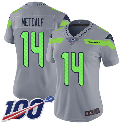 Seahawks #14 D.K. Metcalf Silver Women's Stitched Football Limited Inverted Legend 100th Season Jersey