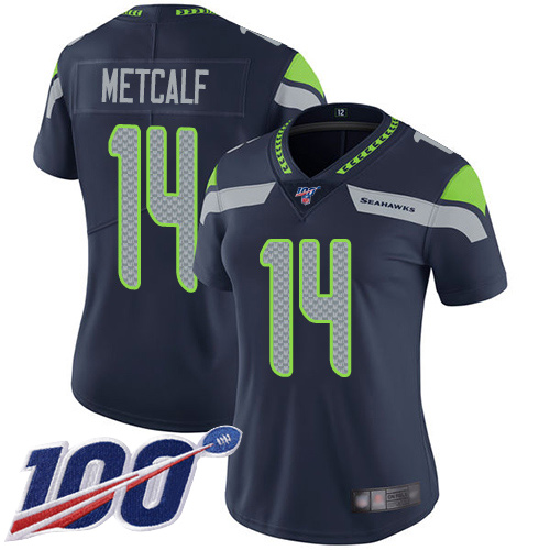 Seahawks #14 D.K. Metcalf Steel Blue Team Color Women's Stitched Football 100th Season Vapor Limited Jersey