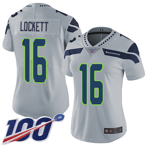 Seahawks #16 Tyler Lockett Grey Alternate Women's Stitched Football 100th Season Vapor Limited Jersey