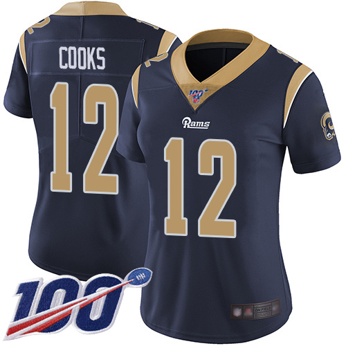 Rams #12 Brandin Cooks Navy Blue Team Color Women's Stitched Football 100th Season Vapor Limited Jersey