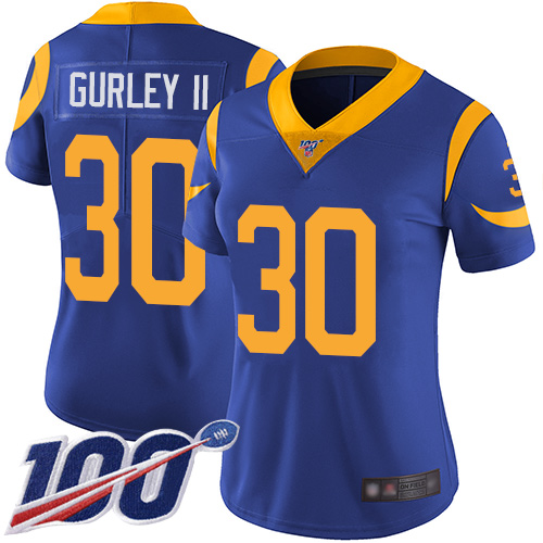 Rams #30 Todd Gurley II Royal Blue Alternate Women's Stitched Football 100th Season Vapor Limited Jersey