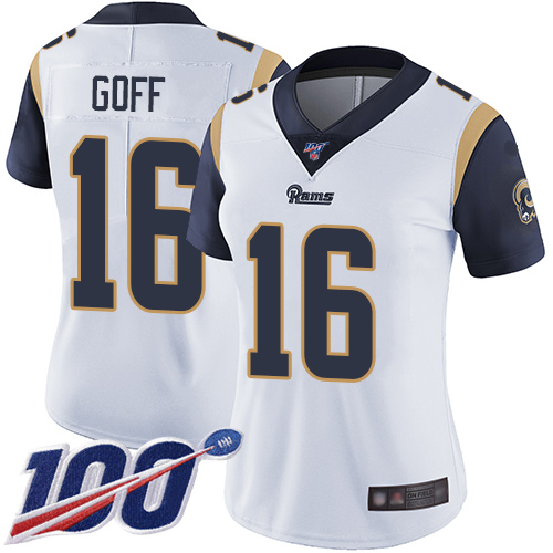 Rams #16 Jared Goff White Women's Stitched Football 100th Season Vapor Limited Jersey