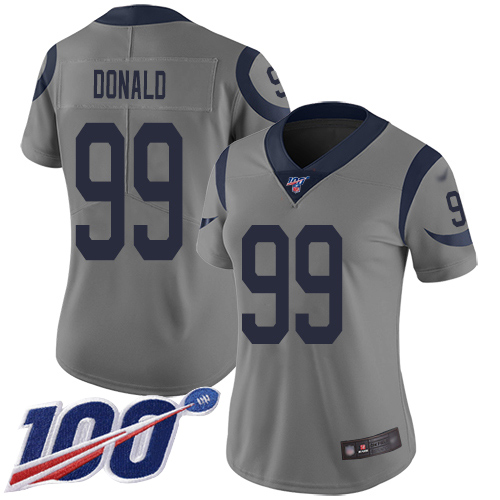 Rams #99 Aaron Donald Gray Women's Stitched Football Limited Inverted Legend 100th Season Jersey