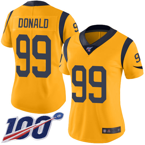 Rams #99 Aaron Donald Gold Women's Stitched Football Limited Rush 100th Season Jersey