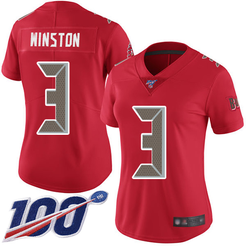 Buccaneers #3 Jameis Winston Red Women's Stitched Football Limited Rush 100th Season Jersey