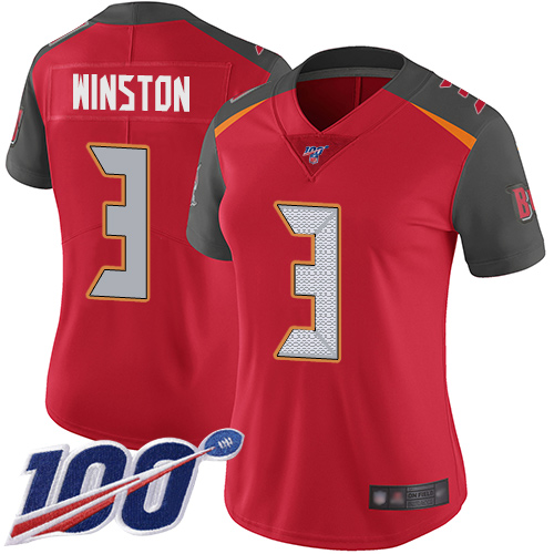Buccaneers #3 Jameis Winston Red Team Color Women's Stitched Football 100th Season Vapor Limited Jersey
