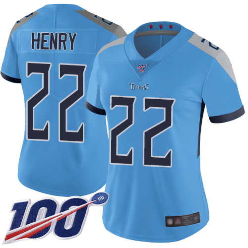 Titans #22 Derrick Henry Light Blue Alternate Women's Stitched Football 100th Season Vapor Limited Jersey