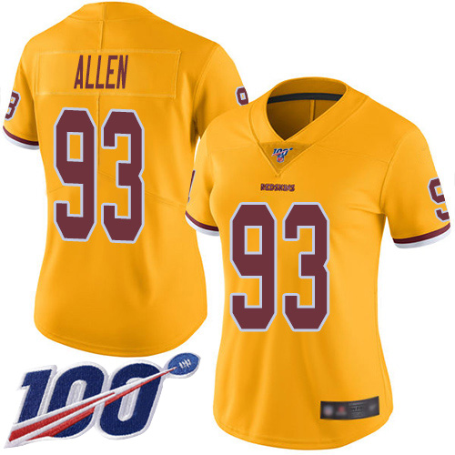 Redskins #93 Jonathan Allen Gold Women's Stitched Football Limited Rush 100th Season Jersey