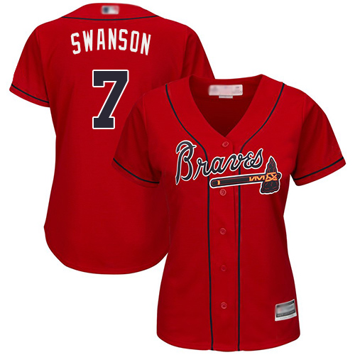 Braves #7 Dansby Swanson Red Alternate Women's Stitched Baseball Jersey