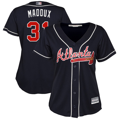 Braves #31 Greg Maddux Navy Blue Alternate Women's Stitched Baseball Jersey