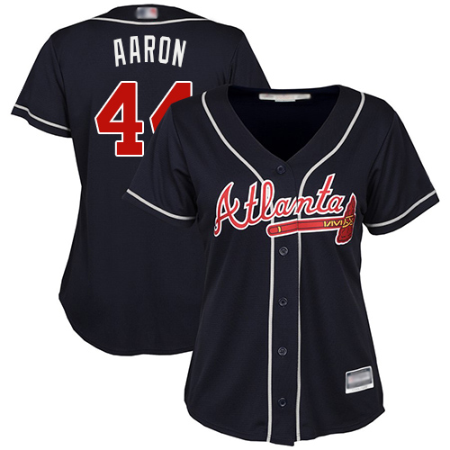Braves #44 Hank Aaron Navy Blue Alternate Women's Stitched Baseball Jersey