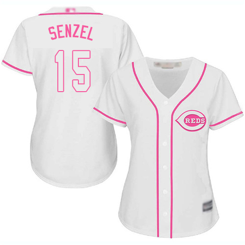 Reds #15 Nick Senzel White/Pink Fashion Women's Stitched Baseball Jersey