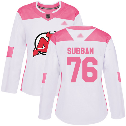 Devils #76 P. K. Subban White/Pink Authentic Fashion Women's Stitched Hockey Jersey