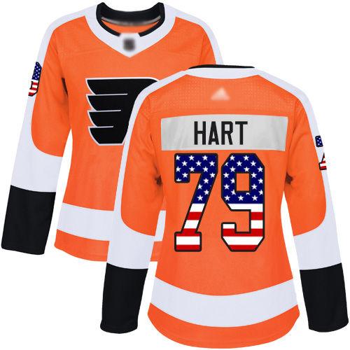 Adidas Flyers #79 Carter Hart Orange Home Authentic USA Flag Women's Stitched NHL Jersey