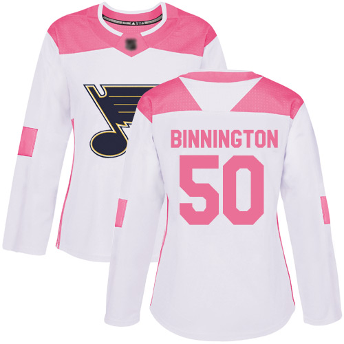 Blues #50 Jordan Binnington White/Pink Authentic Fashion Women's Stitched Hockey Jersey